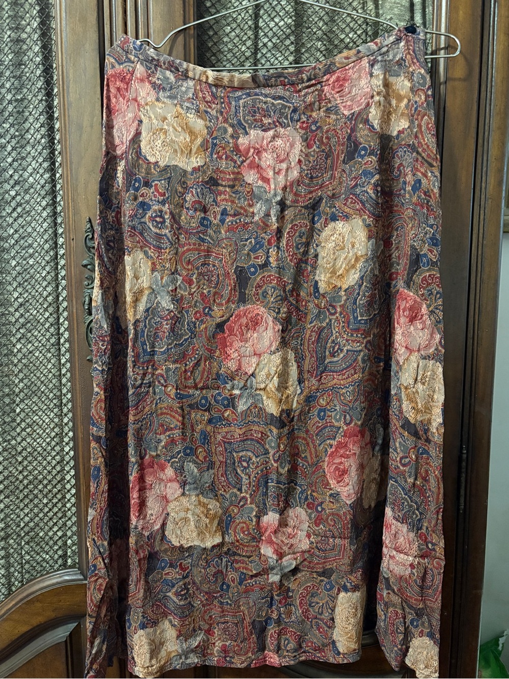Boho Paisley Floral Maxi Skirt in Rust and Navy